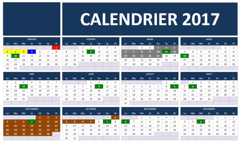 Calendrier 2017 Tableau Excel
