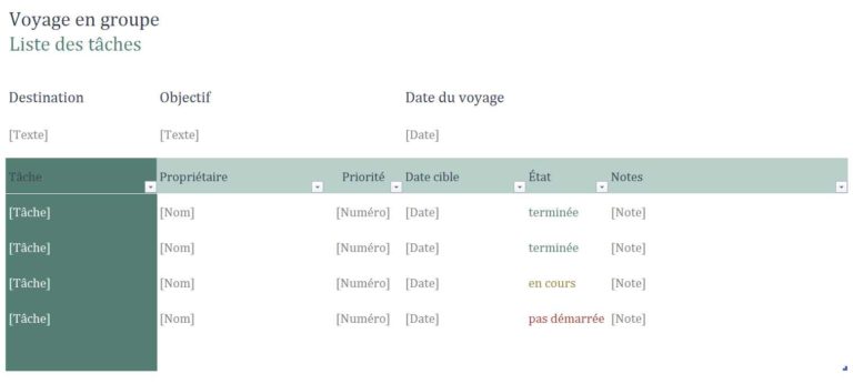 Excel Modèle de planificateur de voyage de vacances