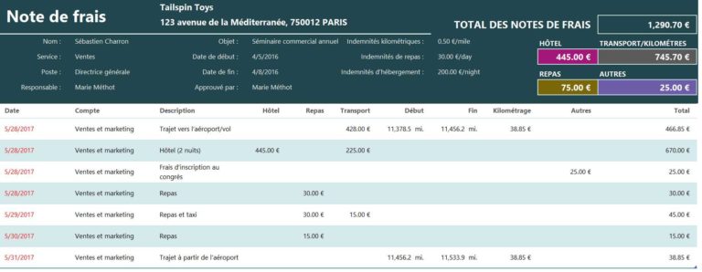 Modèle de rapport de dépenses de voyage excel