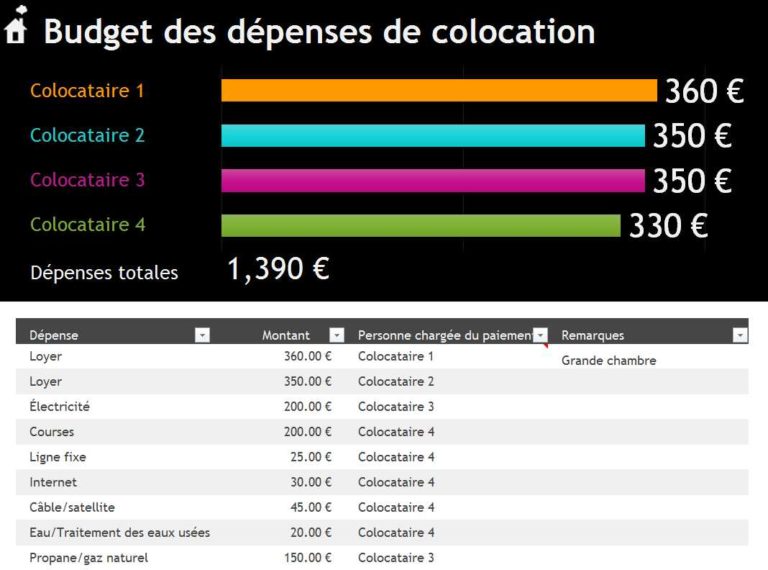 Budget des dépenses de colocation excel modèle