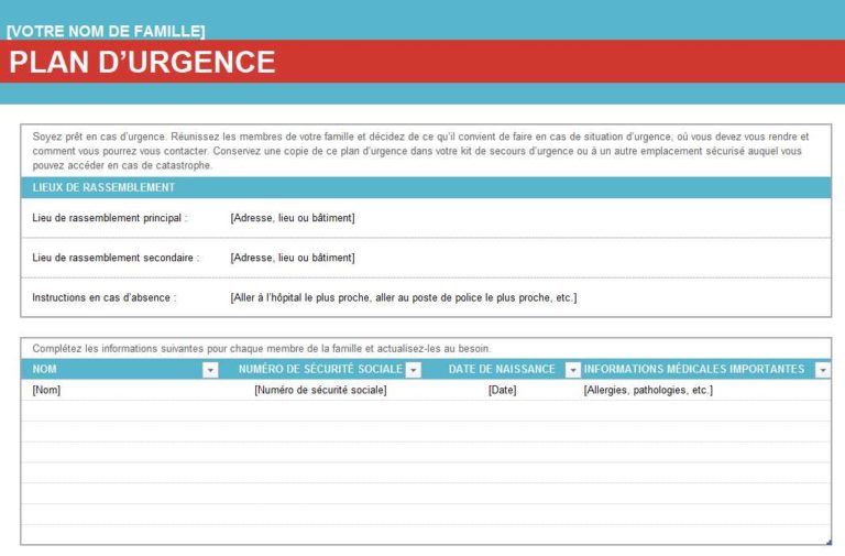 Plan urgence famille excel modèle