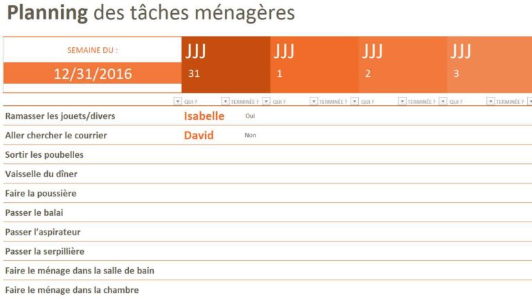 Planning des tâches ménagères excel modèle