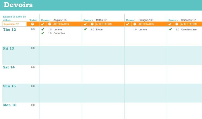 Programme des devoirs excel modèle