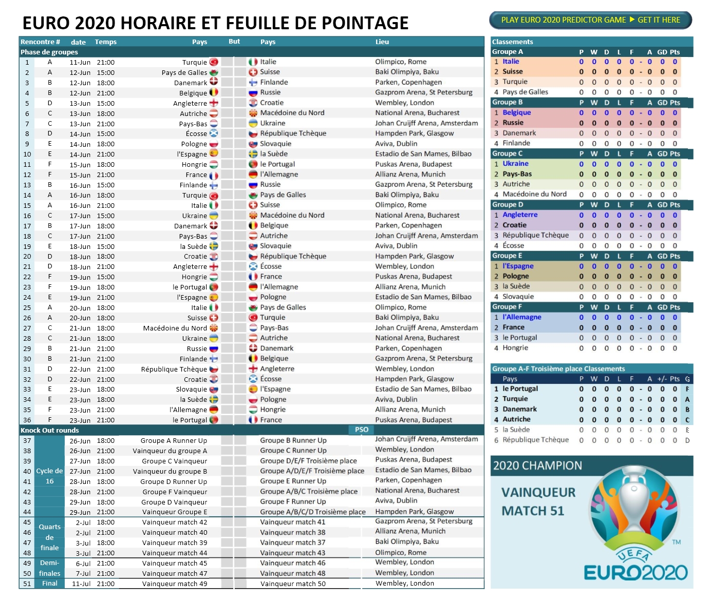 tableau rencontre euro 2021 excel